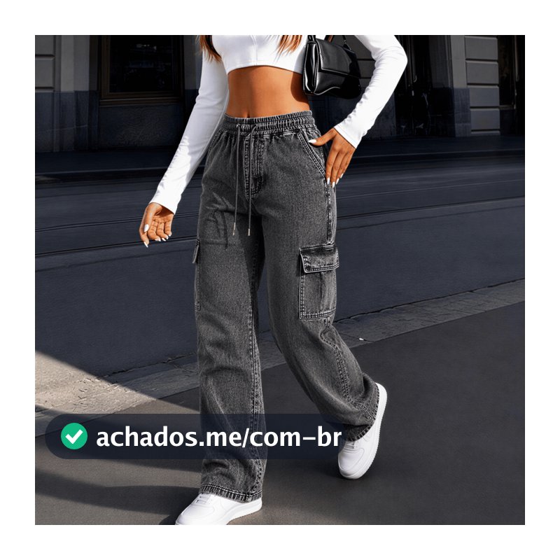 Calça Cargo Feminina Cintura Alta Sarja Sem Punho Wide Leg Bolsos Cargo Moda Blogueira Tendência Casual Premium