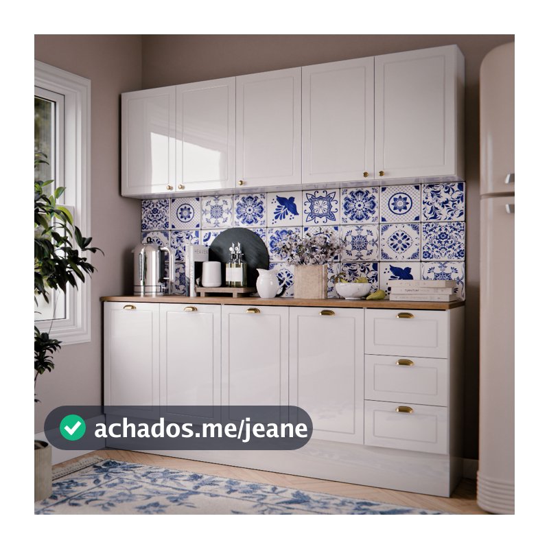 Cozinha Americana Completa Luiza 160cm Armário Aéreo e Balcão Suspenso 9 Portas e 3 Gaveta Compacto Branco