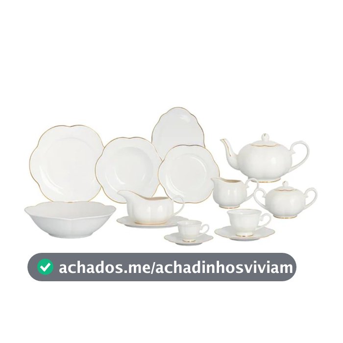 Aparelho de jantar Camélia em new bone china branco com filado dourado 49 peças