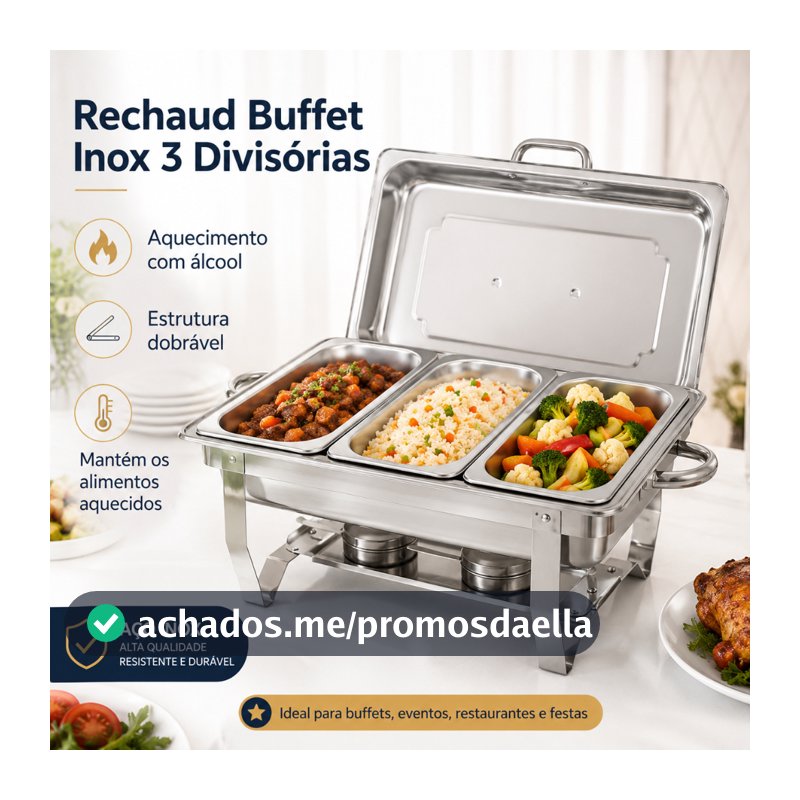 Rechaud Inox Buffet 11L 3 Cubas Aquecedor de Comida Banho Maria Profissional para Restaurante Hotel Festa Evento