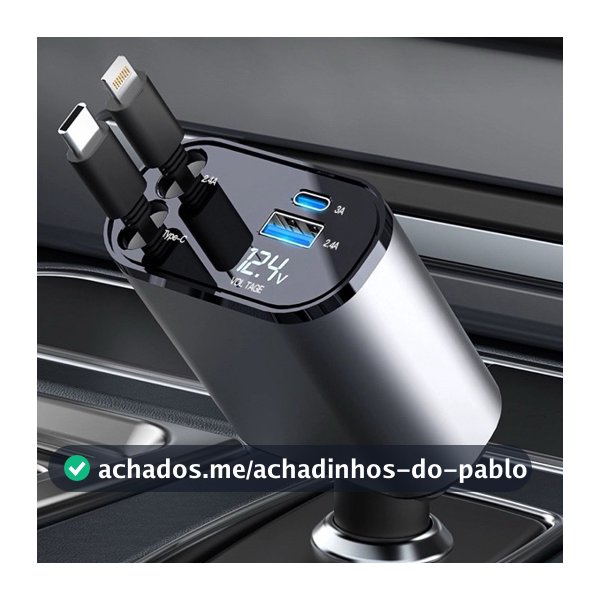 Carregador de carro retrátil, carregador rápido de para carro 4 em 1 para iPhone e Android