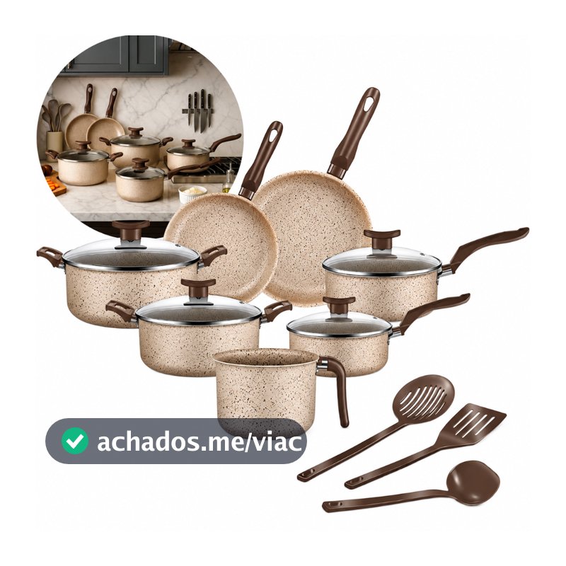 Jogo De Panelas 10 Peças Antiaderente Conjunto Frigideira Fervedor tampa de vidro Cor Coffee Cappuccino Kit Talheres