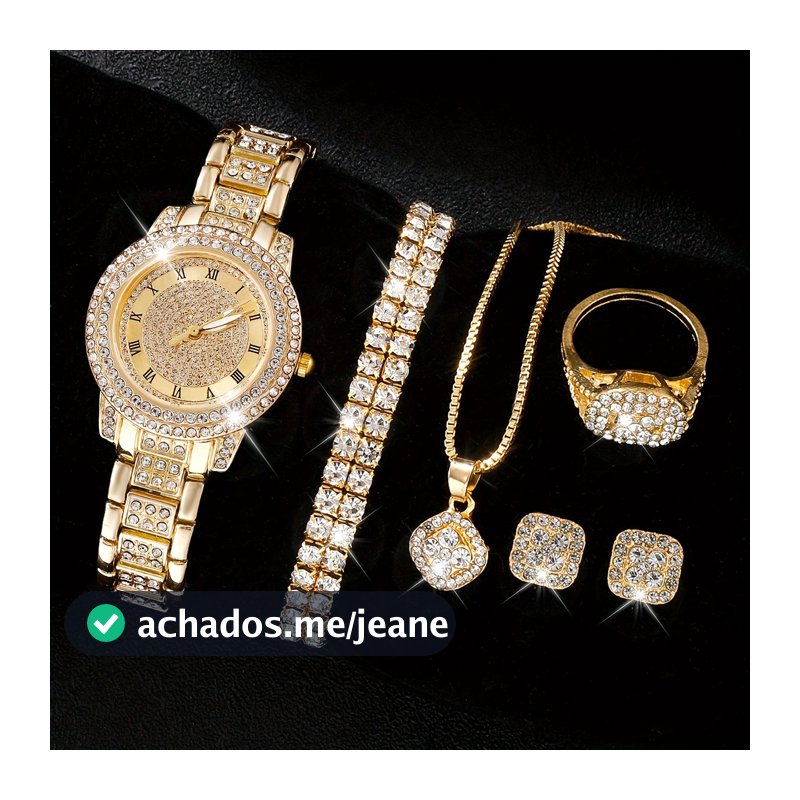 Conjunto De Relógios Femininos Luxuosos Com Diamantes Completos De 6 Peças – Joias De Quartzo Mostrador Roma (Sem Caixa)