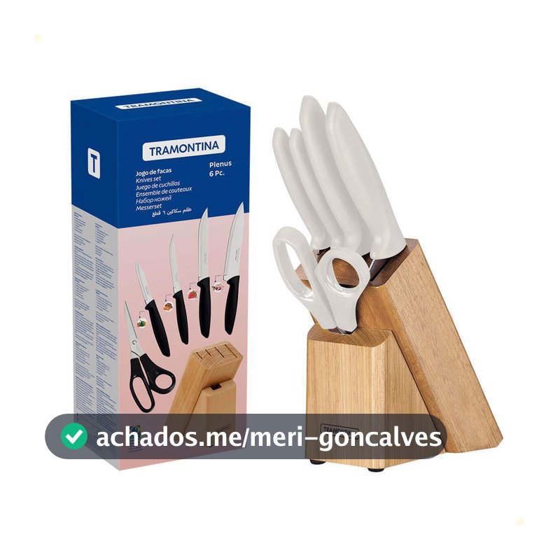 Jogo de Facas Tramontina Plenus Lâminas Aço Inox Cabos Polipropileno Off White e Suporte de Madeira 6 Peças     23498315