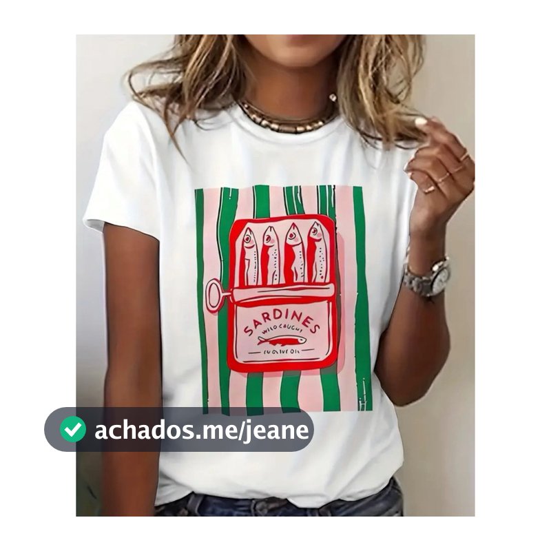 camiseta estampada retro sardinha branca manga curta verão algodão