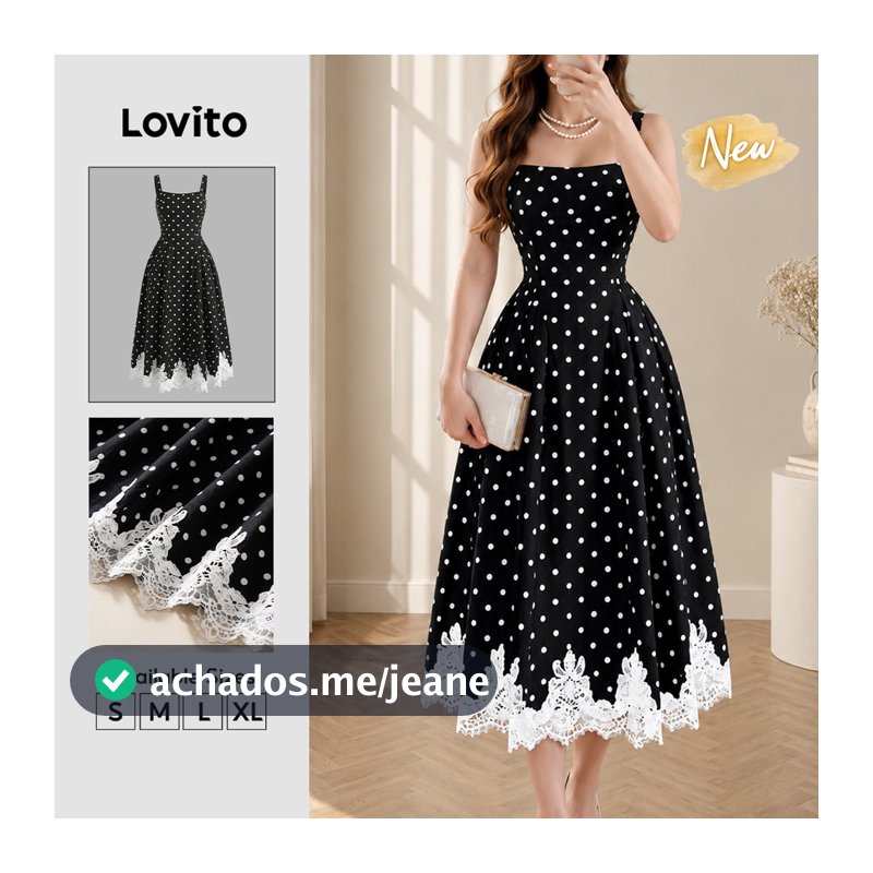 (New Arrival) Lovito Vestido Preto Feminino Elegante Longo E Evasê Com Poás Renda E Zíper Para Primavera/verão Fins De Semana Uso Casual E Férias Bordado DRK11BR392