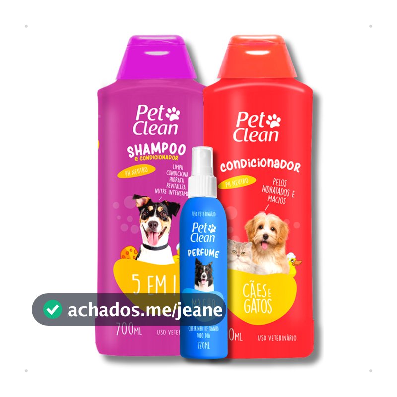 Kit Banho Shampoo 5 em 1, Creme Condicionador de Pelos e Perfume para Cachorro e Gato Pet Clean
