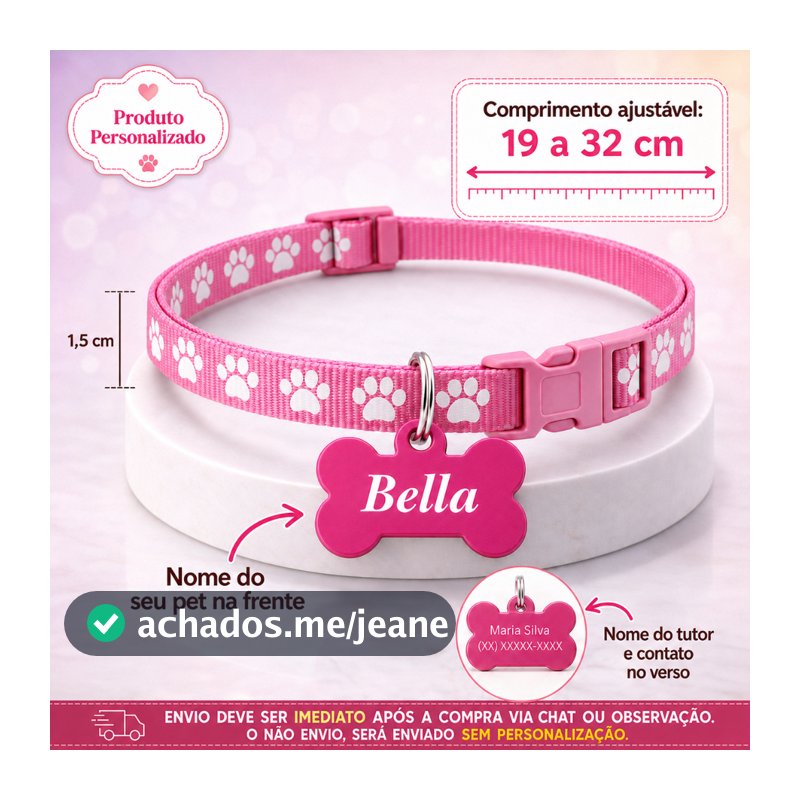 Coleira Pet Personalizada para Cachorro Gato Macho Fêmea – Com Nome Gravado
