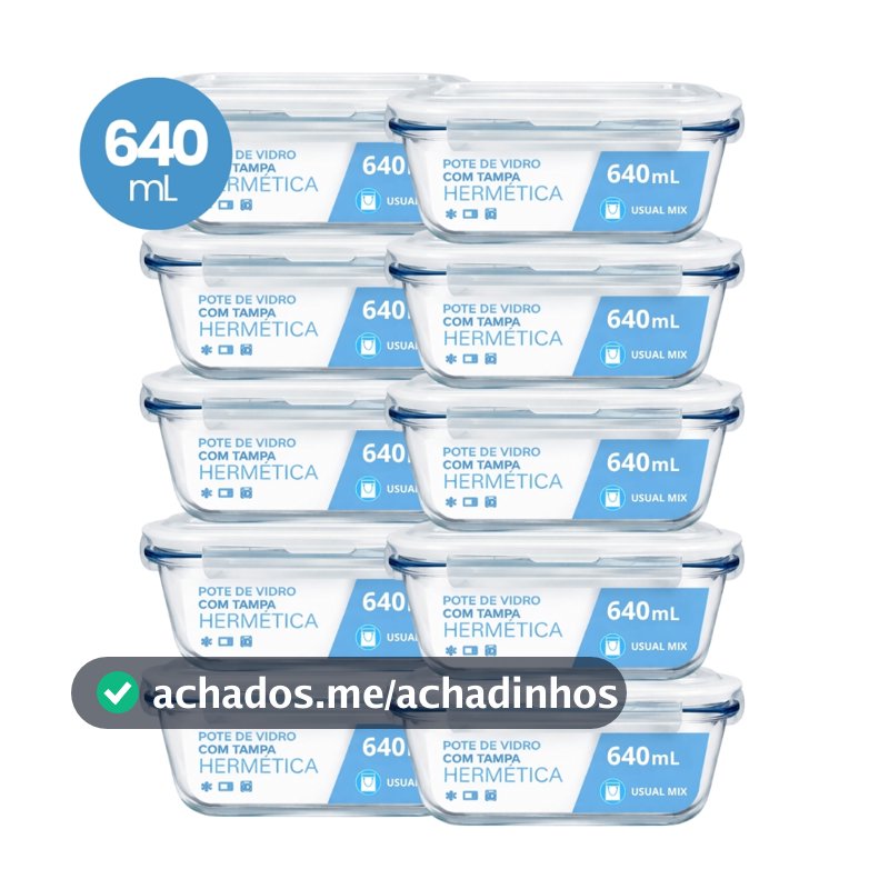 Kit 10 Pote Vidro Hermético Marmita 640ml Micro-ondas Freezer Forno Organização Geladeira
