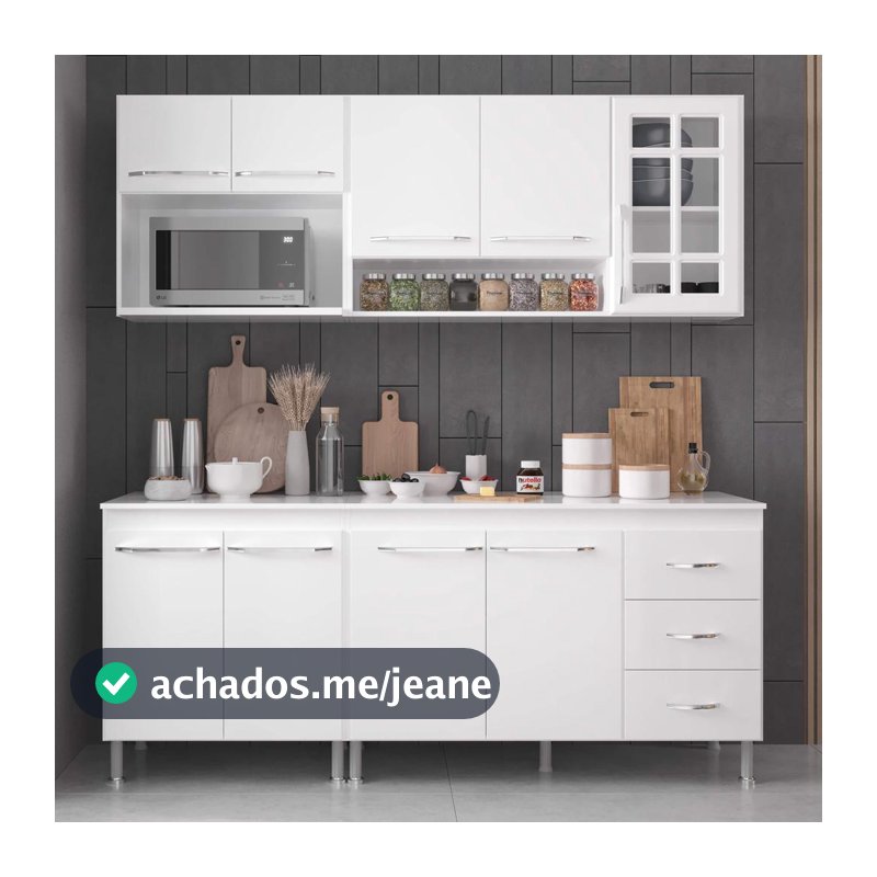 Cozinha Modulada Compacta Fidelitá Viena 4 Peças 190cm 9 Portas 3 Gavetas Com Tampo Branco