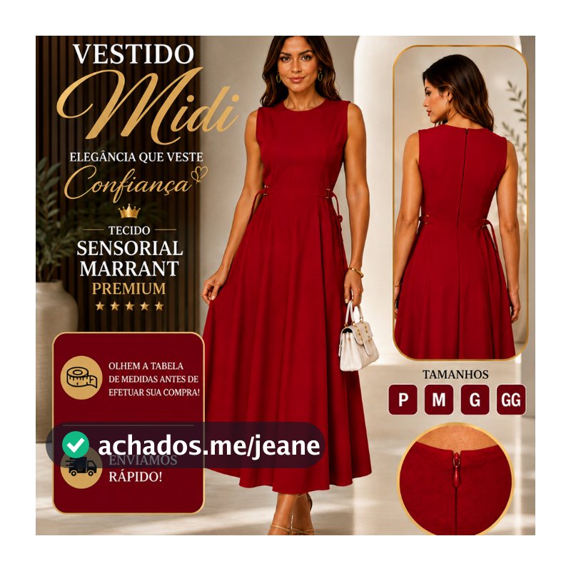 Vestido Feminino Midi Tecido Sensorial Marrant Premium  Zíper Invisível nas Costas Tamanho M , G ,GG