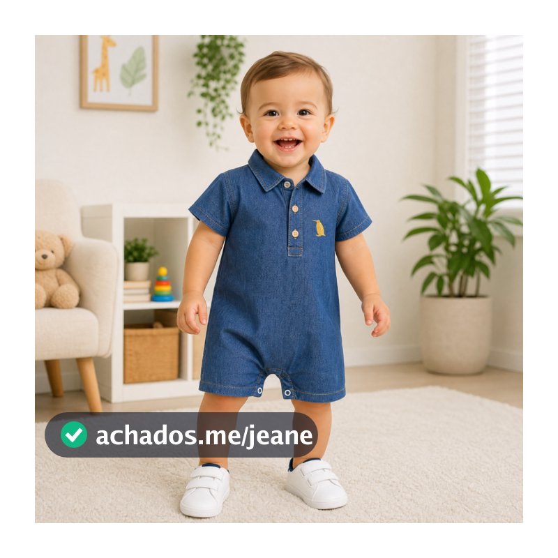 Macacão Curto de Bebê Jeans Estilisado Fashionista com Botões Natal Festas Casamento