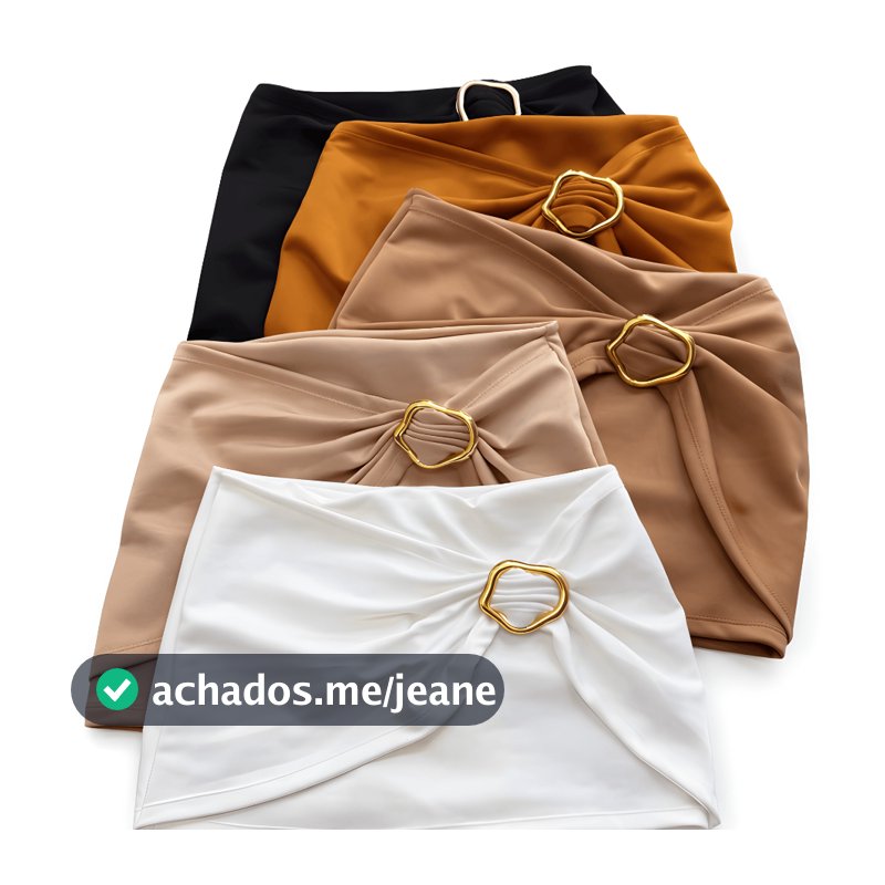 shorts saia feminino neoprene cintura alta fivela dourada confortável elegante moda festa PP ao GG