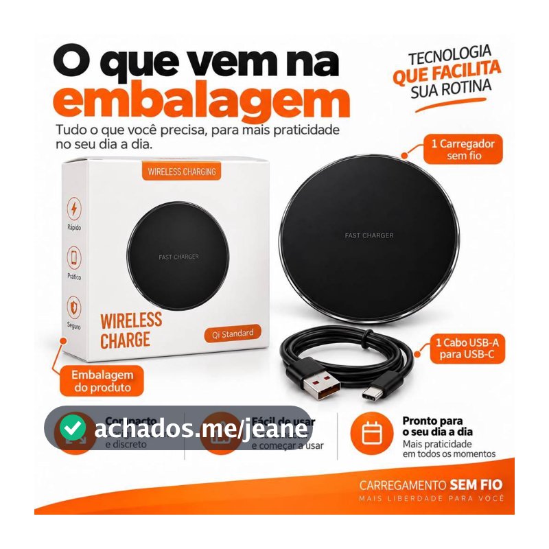 Carregador Sem Fio Qi Fast Charger com Cabo USB, Base de Carregamento Wireless para Celular