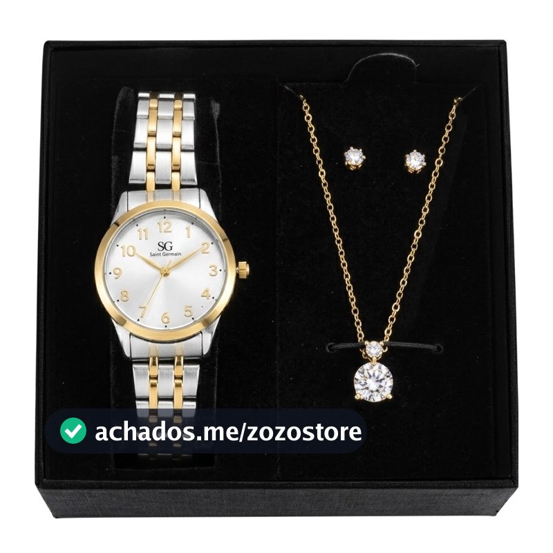 Kit Relógio Colar Brincos Bicolor Feminino Saint Germain Elegante Delicado Luxuoso Sofisticado