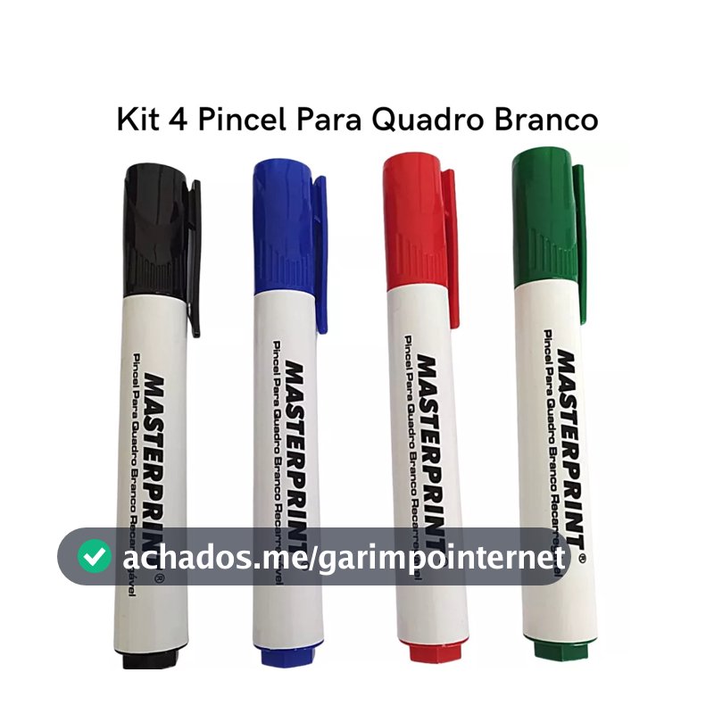 Kit 4 Pincel Quadro Branco Cores Azul Preto Vermelho Verde Recarregável Masteprint