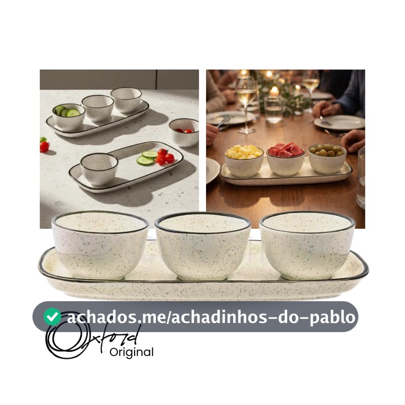 Jogo de Petisqueira 3 Bowls com Bandeja em Cerâmica Retangular Para Servir Domus Brisa Oxford