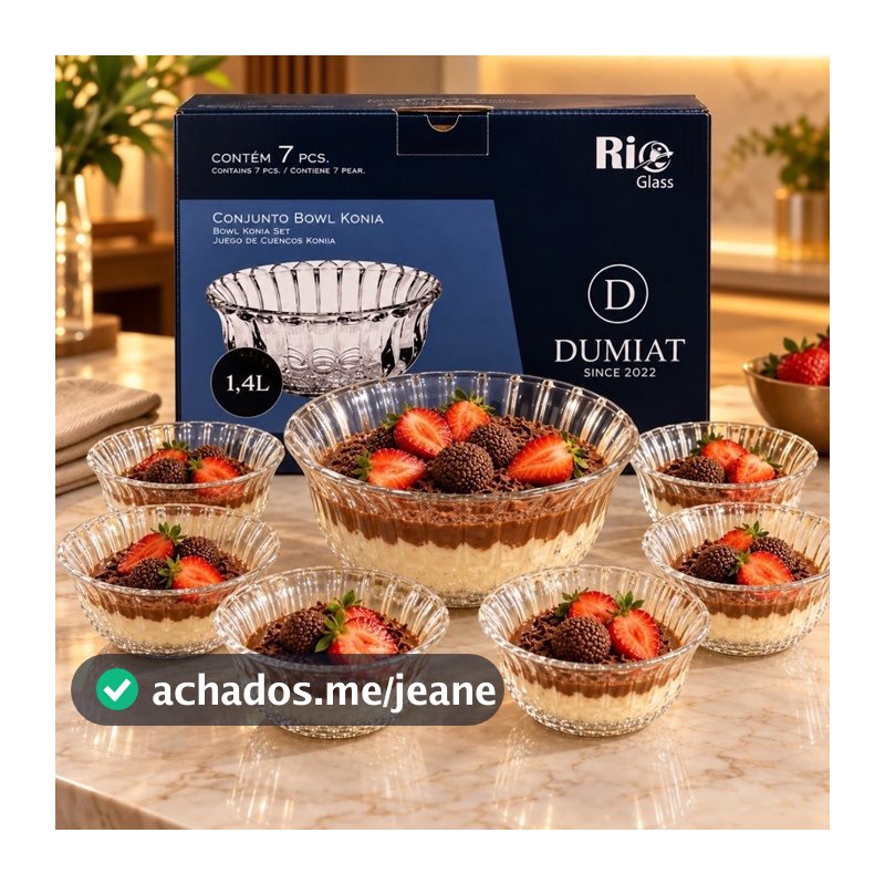 Jogo De Sobremesa Vidro 7 Peças Bowl Tigela Saladeira 1,4L Com 6 Taças Konia