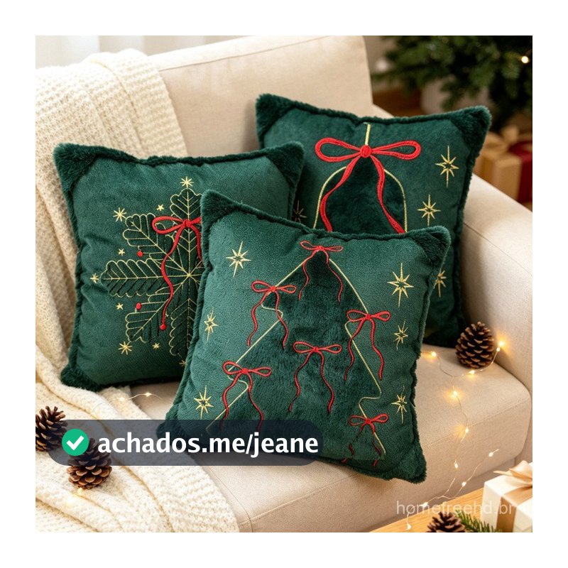 Capa de Almofada Natal Bordado 45x45 - Árvore Sino Floco de Neve Verde Sofá