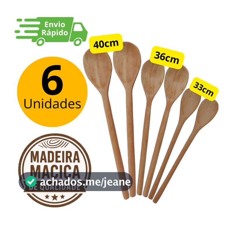 Kit 6 Colher de Pau Madeira Maciça Reforçada | Colher de Madeira 40cm 36cm 33cm | Cozinha Resistente Profissional
