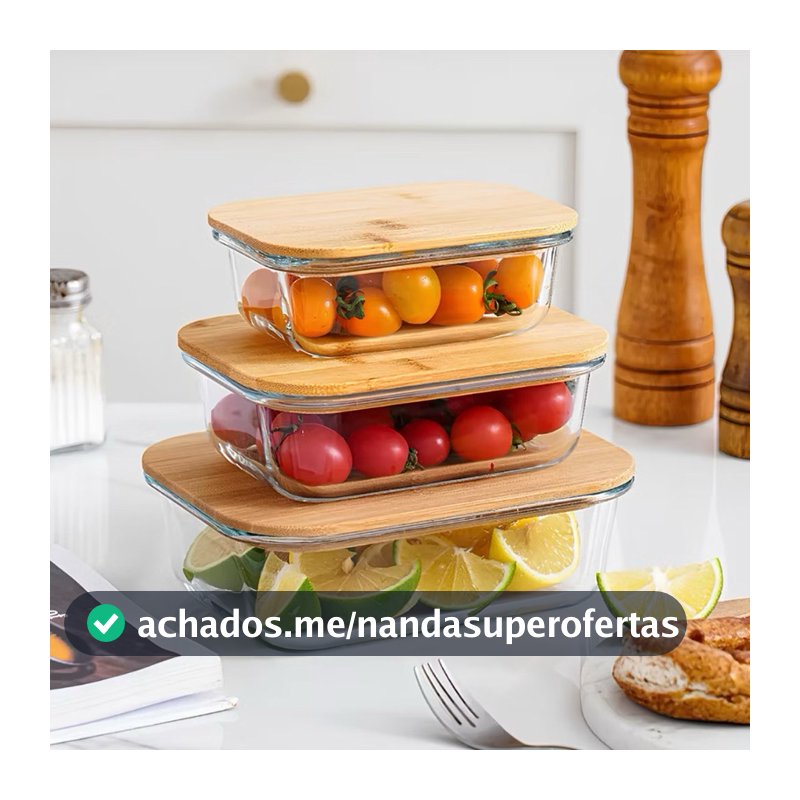 Kit 3 Potes de Vidro Com Tampa de Bambu  Organizador de Geladeira Marmita Forno Microondas e Freezer- envio rápido