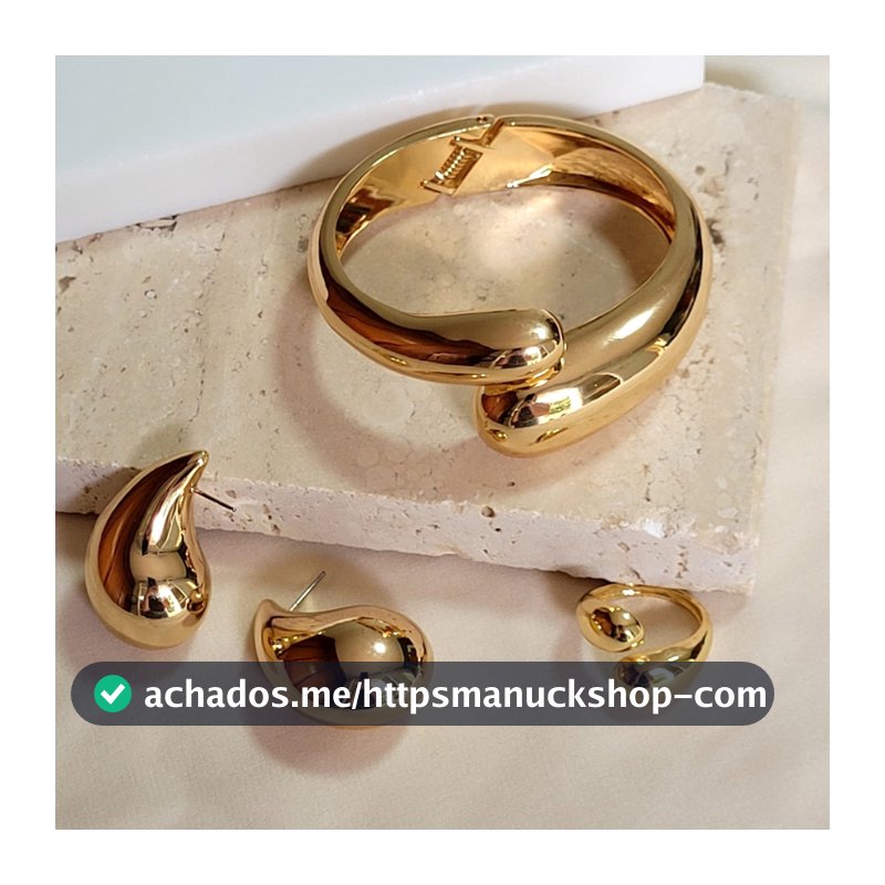Conjunto Gota Pingo Bracelete Anel Brinco Médio Dourado ou Prata Acessórios Femininos Brincos