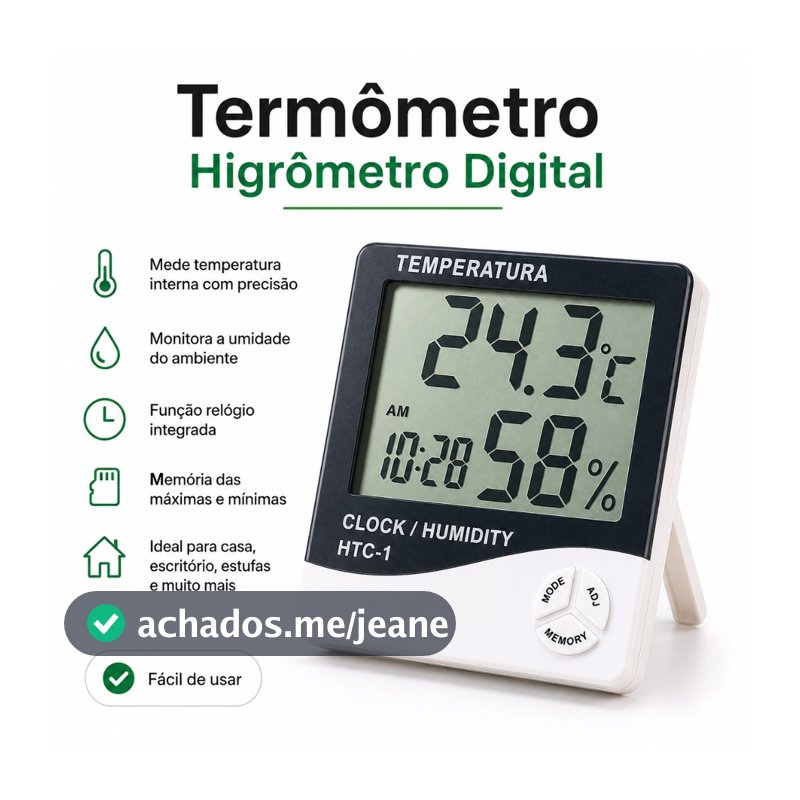 Termo Higrometro Digital Com Máxima e Mínima Medidor De Temperatura e Umidade Com Relógio e Alarme