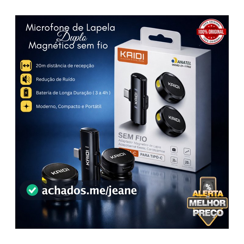 Microfone de Lapela Duplo Bluetooth Sem Fio Portátil Antirruído Magnético 20m de Distância