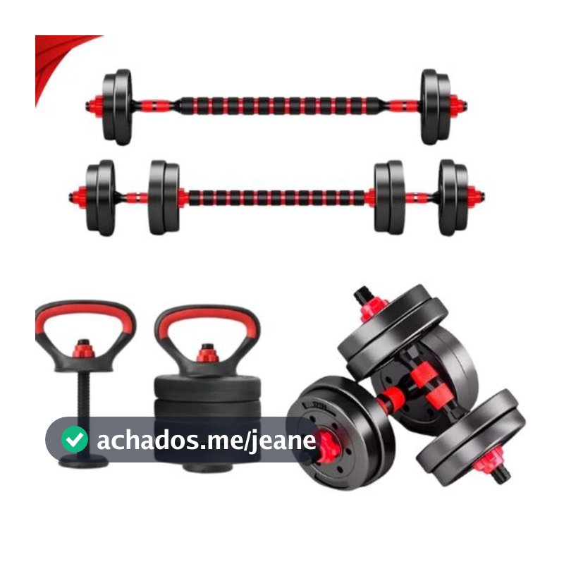 Kit Treino Funcional 10/15/20kg Halteres Barra Supino Kettlebell Preto