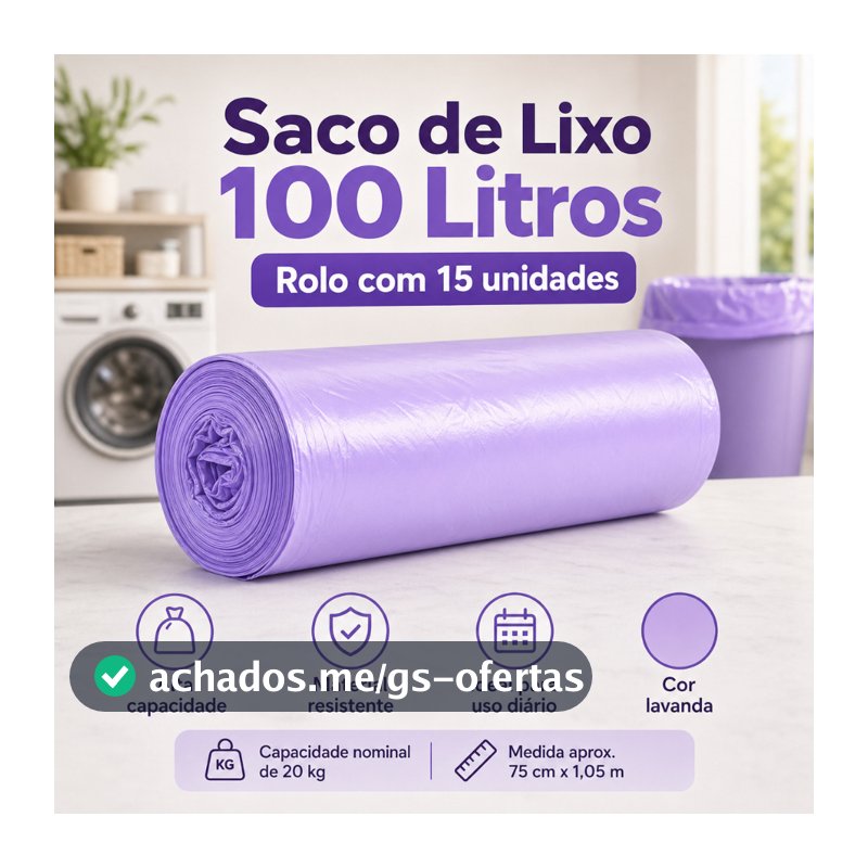 Saco de Lixo 100L Lavanda Perfumado Reforçado Neutraliza Odores 105x75 Alta Resistência