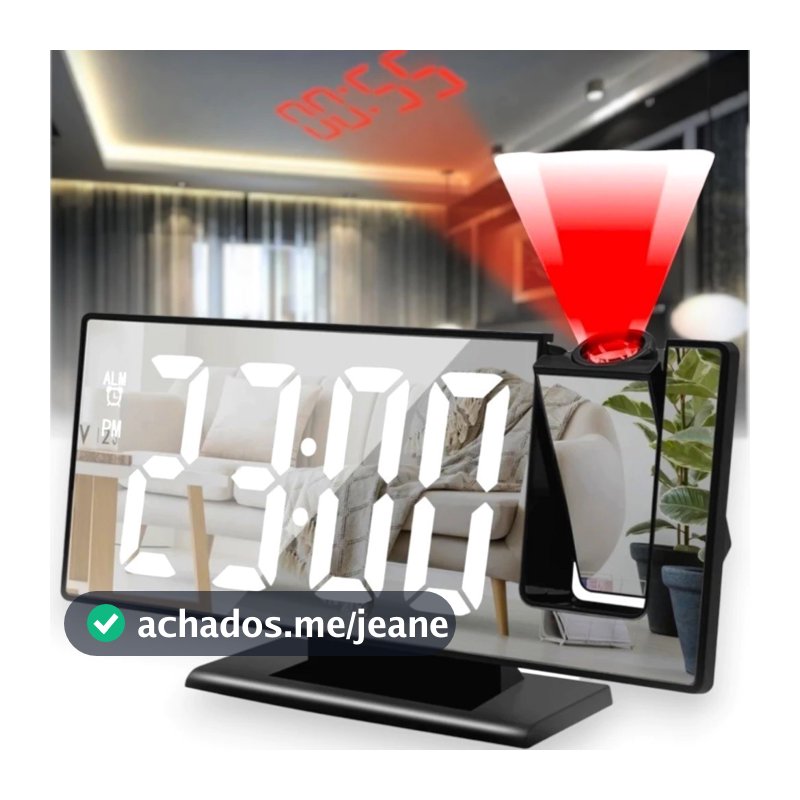 Relógio De Mesa Com Projetor 19,5x9x5Cm Espelhado Com Despertador  Temperatura Alarme USB Preto