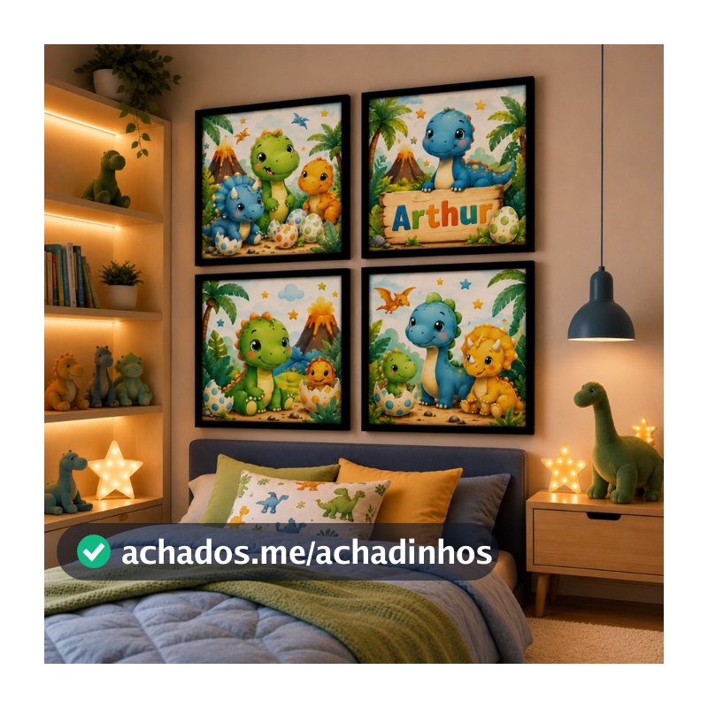 Kit 4 Quadros Decorativos Personalizados Dinossauro Baby Nome para Quarto Infantil