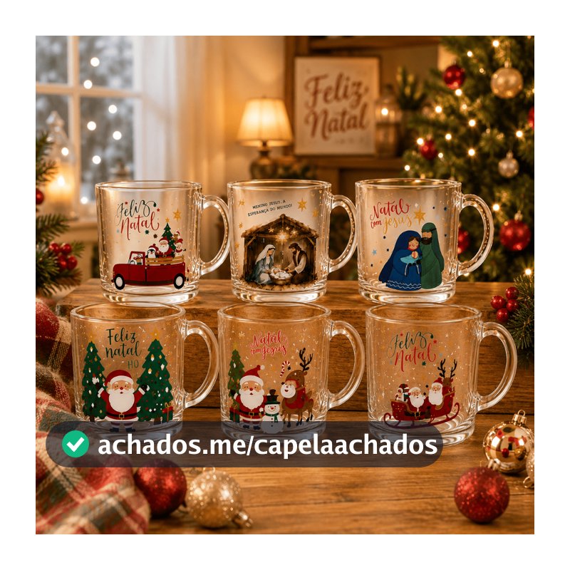 Kit Até 6 Canecas de Vidro Natal 320 ml Estampas Sortidas Festa