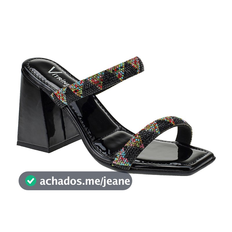 Tamanco Feminino Salto Alto Verniz com Tira Strass Colorido Acolchoado