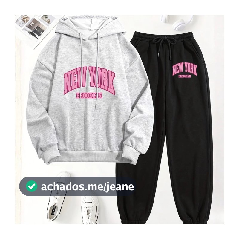 Conjunto Moletom Feminino New York Brooklyn Rosa Estilo Gringa E Estiloso Moletom Canguru + Cança de Abrigo