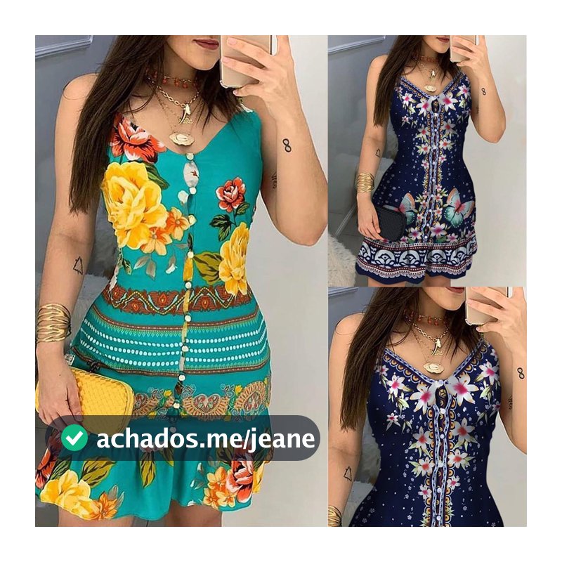 Mini vestido curto alcinha feminino sem mangas boho floral estampa botão até babados Uma linha S-3XL