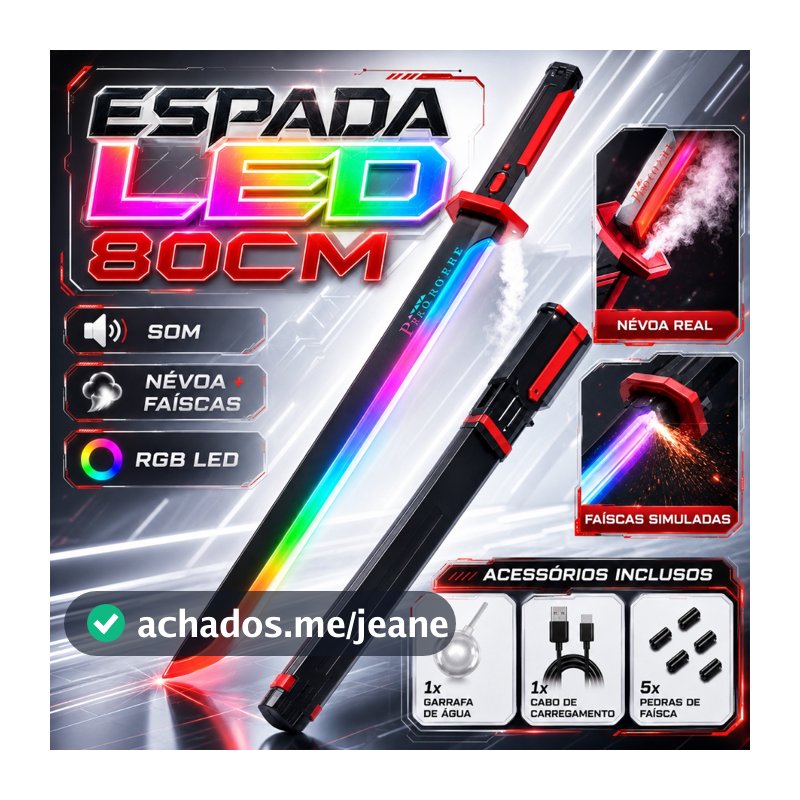 Espada Samurai LED RGB 80cm Fumaça e Faísca Real Espada de LED Infantil Katana Cosplay Gamer