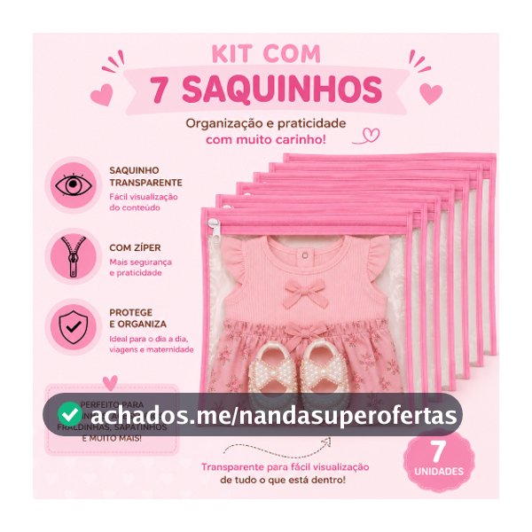 Kit 7 Saquinhos Maternidade Organizador Mala Bebê  Mala/Viagem/Roupa Molhada e Seca