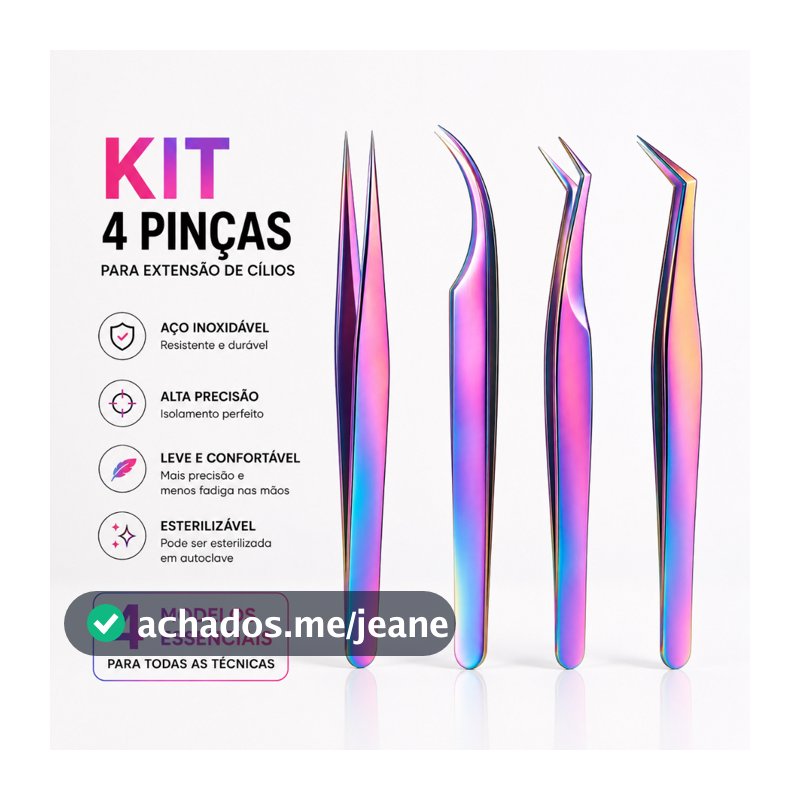 Kit 4 Pinças Profissionais para Extensão e Alongamento de Cílios Volume Russo, Tufo, Fio a Fio