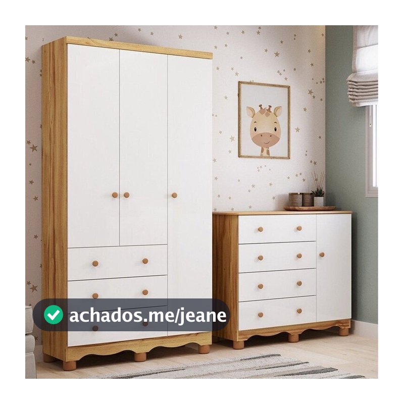 Quarto Infantil com Guarda-Roupa 3 Portas e Cômoda 1 Porta 100% MDF Mimo Espresso Móveis Branco/Brilho/Amêndoa Branco