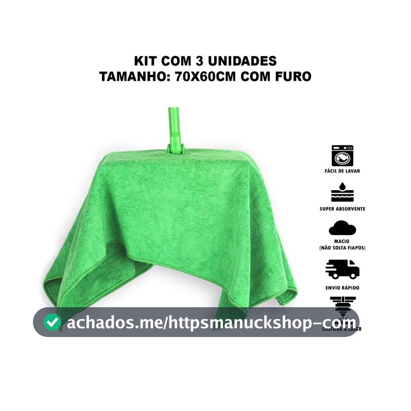Kit 3 Panos de Chão Microfibra 70x60cm Furo para Rodo Dupla Camada