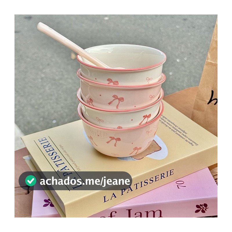 Bowl Laços Rosa em Cerâmica | Tigela de Porcelana para Cereais, Sobremesas, Frutas e Sopa 400ml