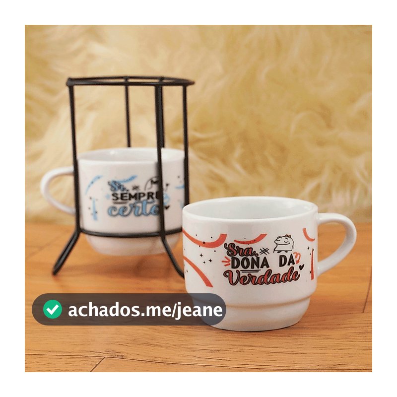 Kit 2 Xícaras empilhável Porcelana 210ml Chá Café Flork Casal Branca+ Suporte Metal