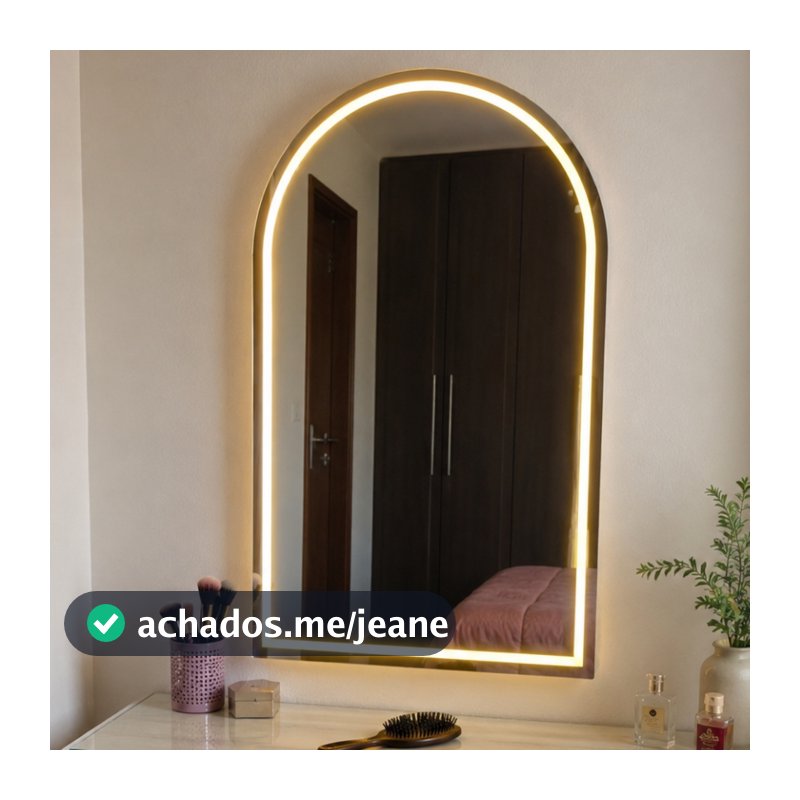 Espelho Jateado Arco Base Reta 100x80cm Arco Janela Lapidado com 3 cores Led Salão Maquiagem
