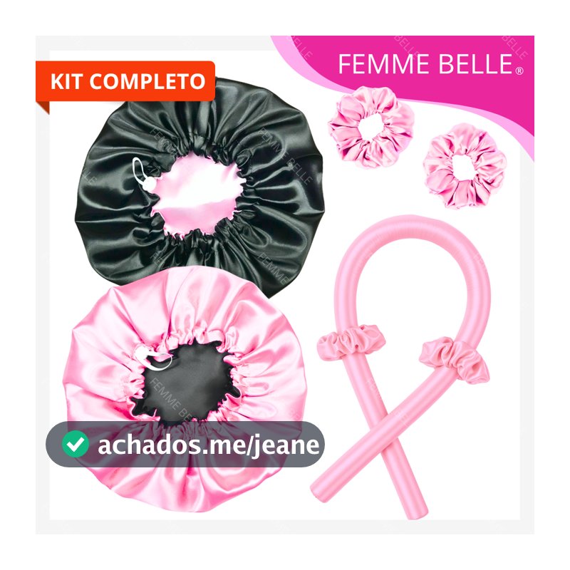 kit cetim touca cetim dupla face ajustável + modelador curling rod + scrunchies
