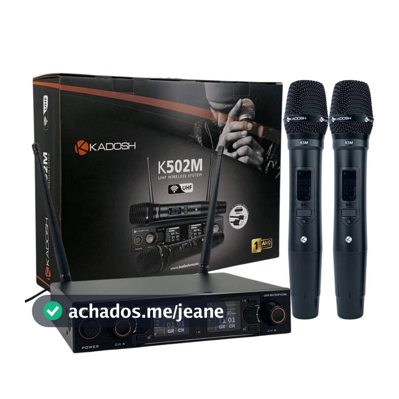 Microfone Sem Fio Duplo Kadosh K502 Profissional UHF com 2 Transmissores, Receptor e Cabo de Carregamento