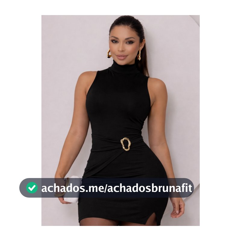 Vestido Tubinho Curto Feminino Gola Alta Fenda Lateral Com Acessório Dourado Festa Balada Luxo