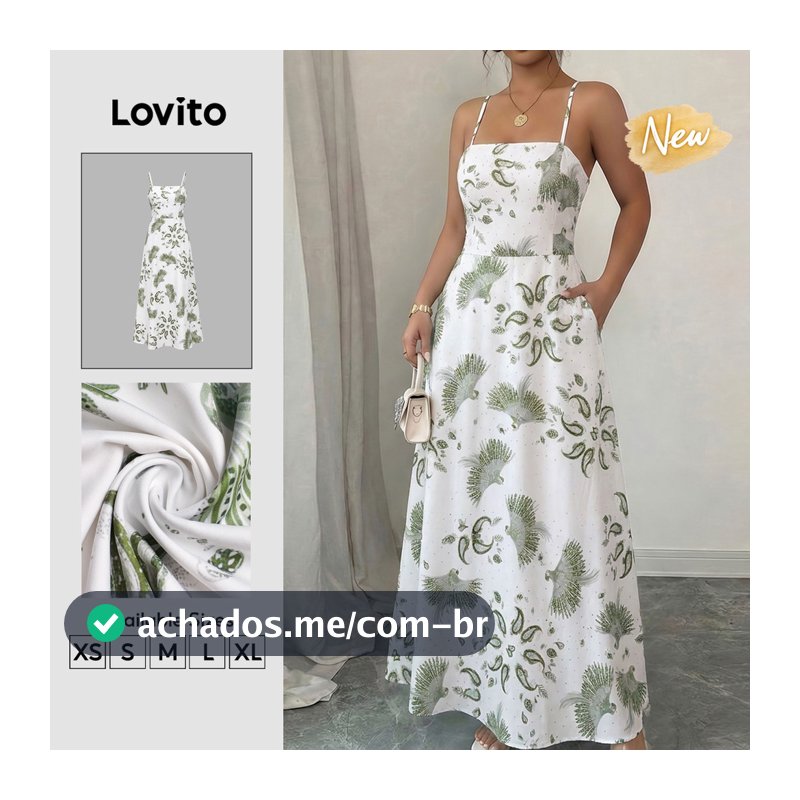 (New Arrival) Lovito Vestido Verde Feminino Boho Com Estampa De Plantas Bolso E Zíper Longo De Corte Evasê Para Primavera E Verão Casual Para Fins De Semana E Férias DRK10BR399