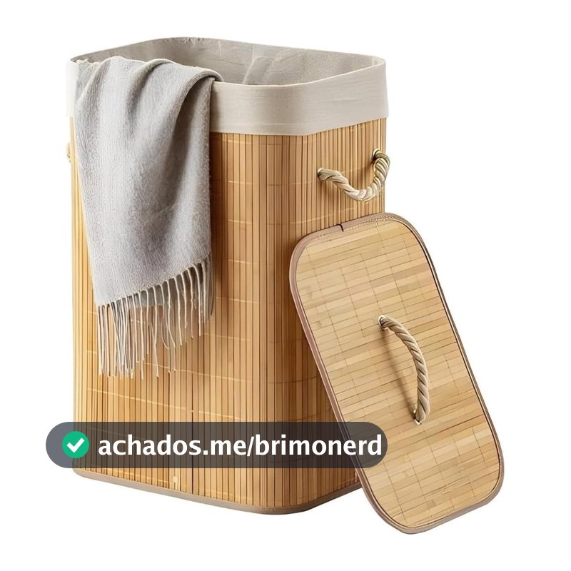 Cesto Roupa Bambu Retangular Redondo Com Tampa Cesto Oraganizador Roupa Suja Alças Bege