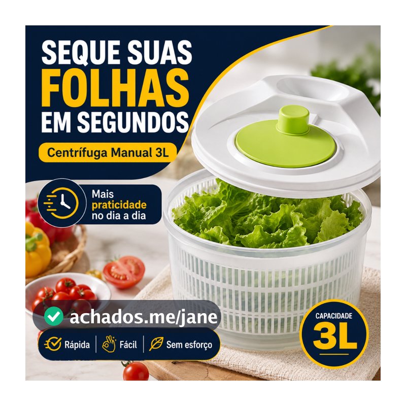 Centrífuga de Salada 3L Manual Secagem Rápida Sem Esforço Ideal para Folhas e Hortaliças Cozinha